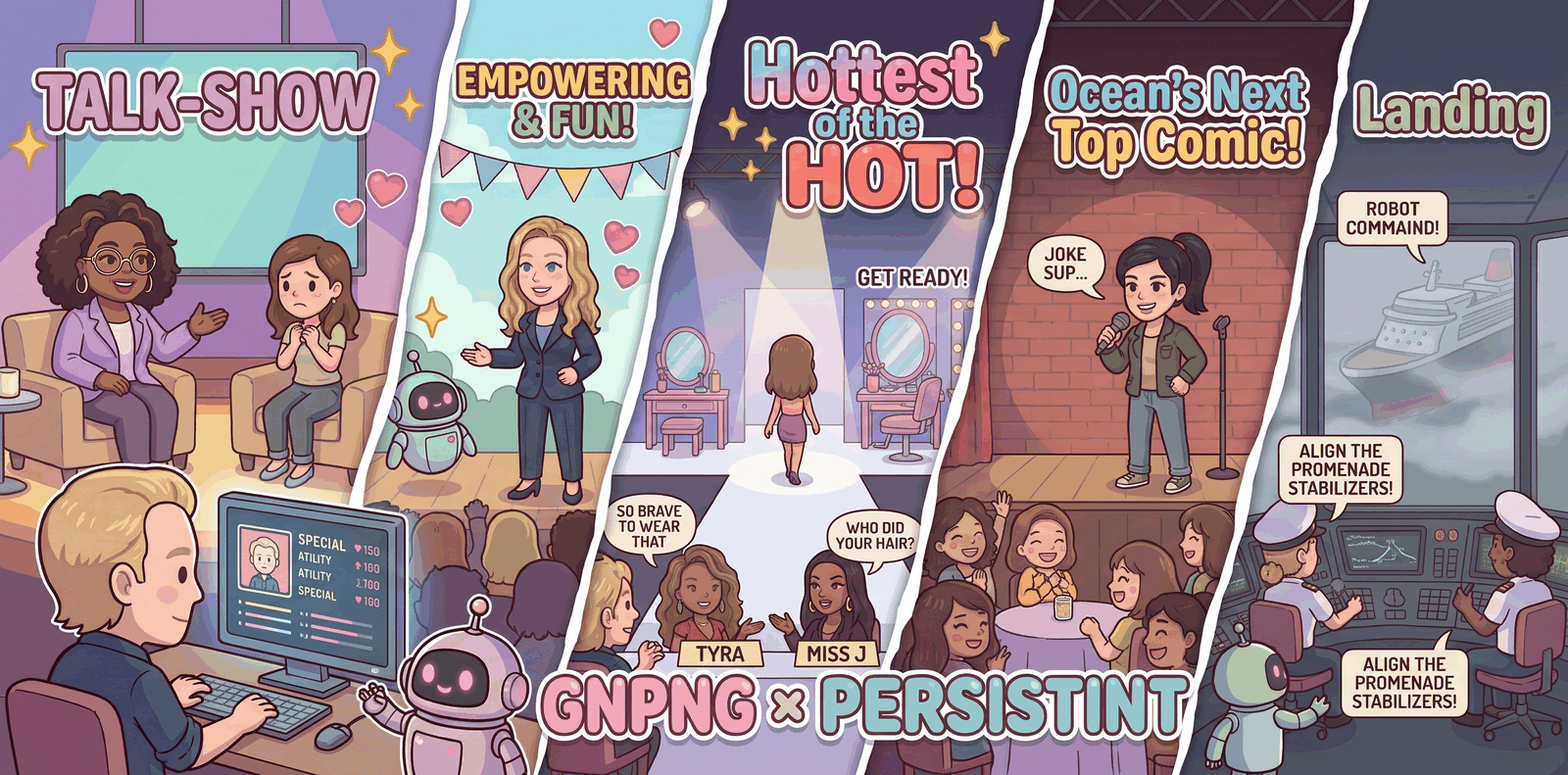 GNPNG x PERSISTINT cruise mini-games banner. Five illustrated panels: a talk-show interview on a purple set; a host in a suit under bunting, labelled Empowering and Fun; a runway with judges and makeup mirrors, labelled Hottest of the HOT; a stand-up comic at a microphone before a laughing audience; and two officers on a foggy ship's bridge, labelled Landing.