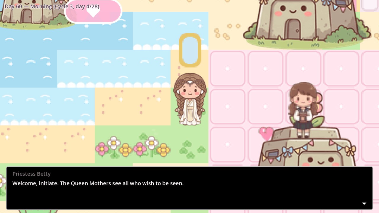 In-game screenshot of the village: pastel tiles, flowers and a smiling stone hut. Priestess Betty says: Welcome, initiate. The Queen Mother sees all who wish to be seen.