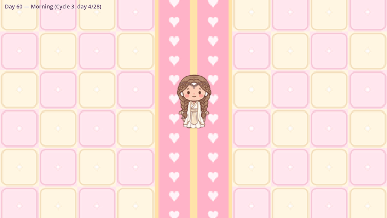 In-game screenshot of the Temple: a pink and yellow checkerboard floor with a pink runner of hearts leading to the player.